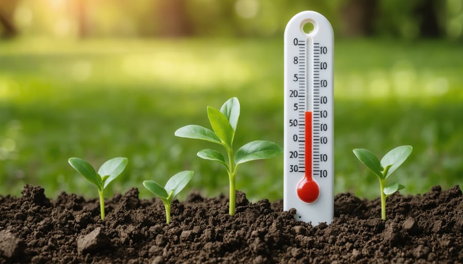 Soil thermometer inserted in healthy green lawn showing temperature reading