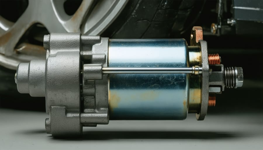 Riding mower starter motor and solenoid assembly with electrical connections