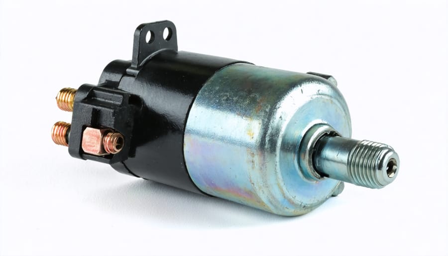 Detailed view of riding mower starter solenoid components and wiring