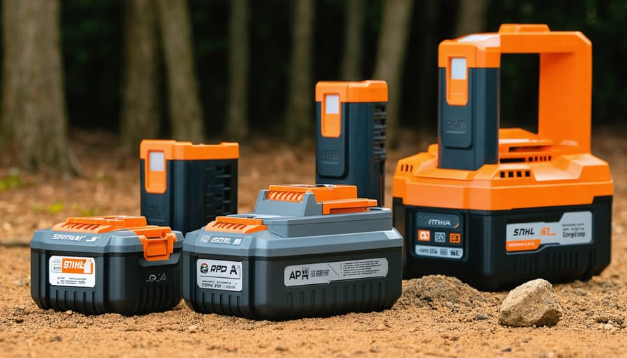 Close-up of Stihl AP battery packs showing different sizes and capacities