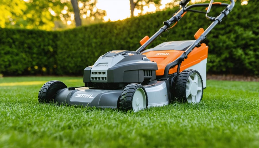 Stihl battery-powered lawn mower on residential lawn with house in background
