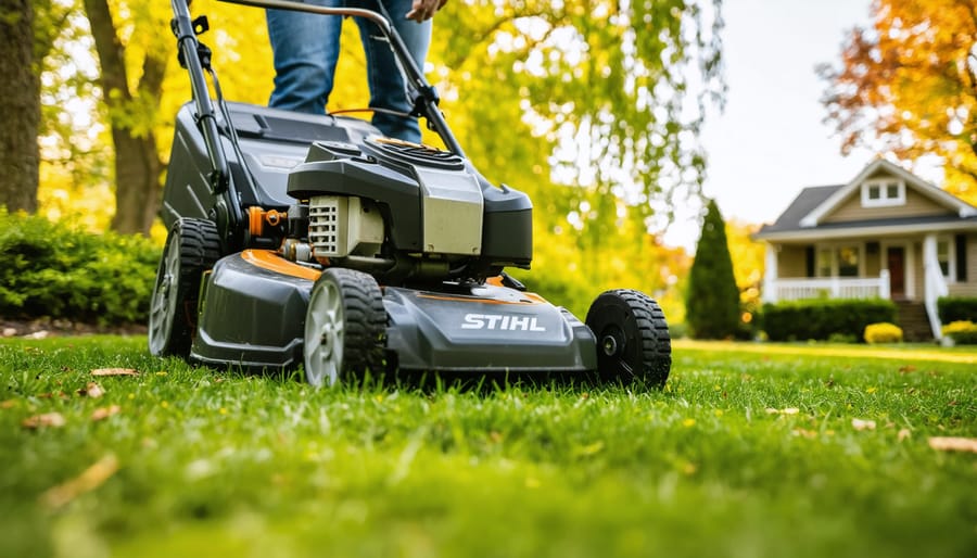 Person mowing residential lawn with Stihl battery-powered mower in morning light