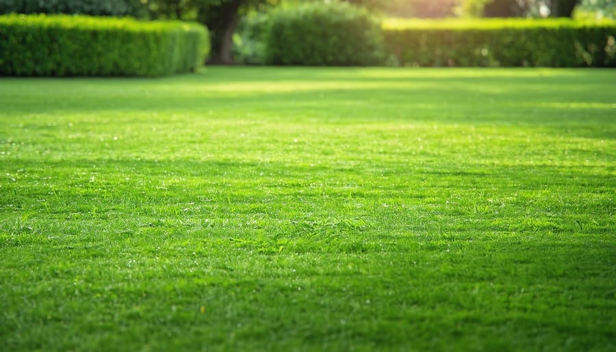 "Lush green lawn in early morning light, displaying tall grass and well-maintained garden setting."