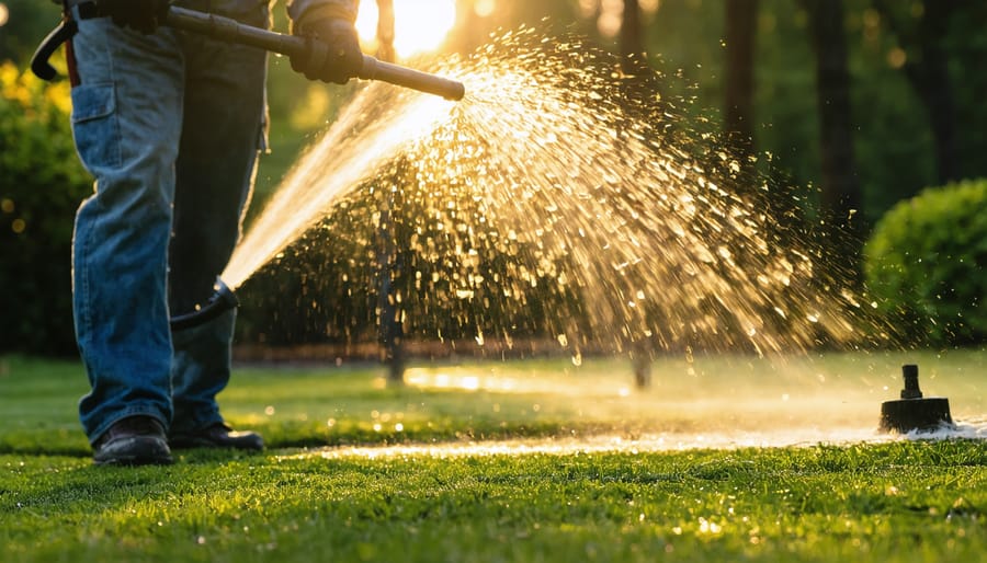 Lawn sprinkler spraying water in early morning light