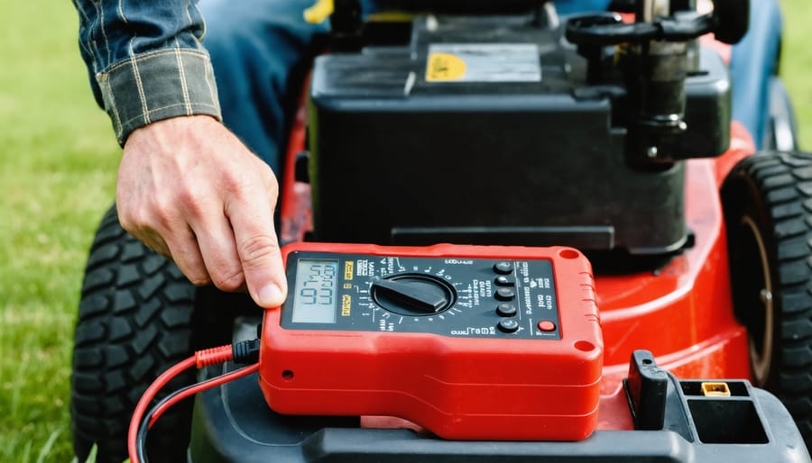 Mechanic testing riding mower battery voltage with digital multimeter