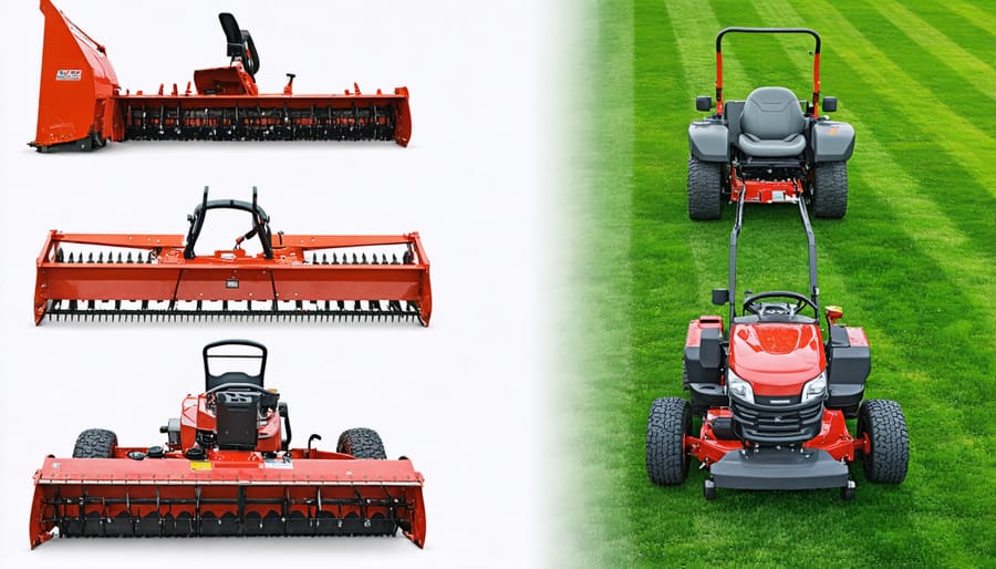 Collection of common lawn tractor attachments for different seasons