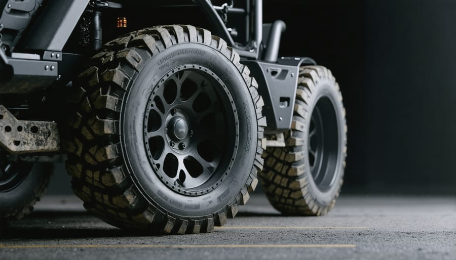 Close-up view of wheel weight attached to lawn tractor tire
