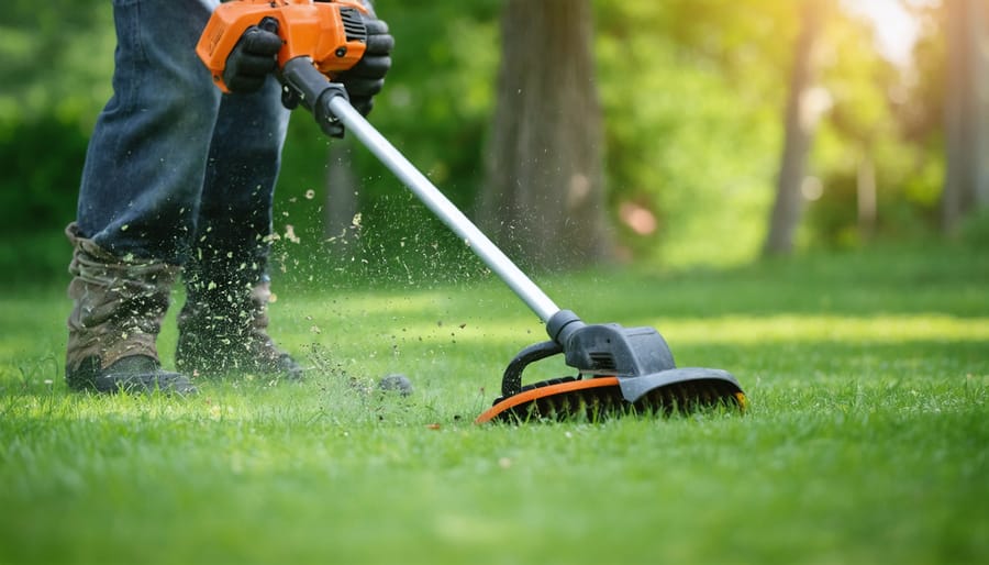 Hands adjusting string trimmer head with work gloves