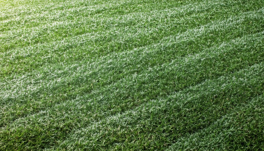 Frost-covered grass lawn in early morning light showing proper winter height