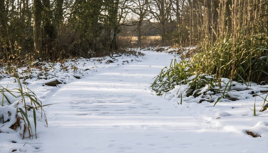 Snow-covered lawn with marked pathway to protect grass