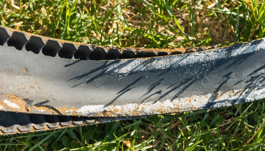 Close-up of worn and damaged lawn mower belt showing wear patterns
