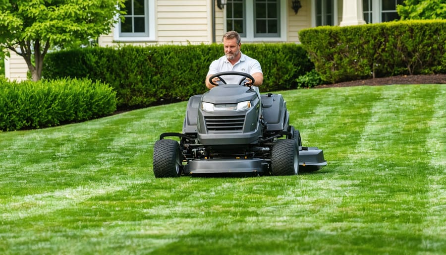Zero-turn mower making a precise turn while mowing a large residential lawn