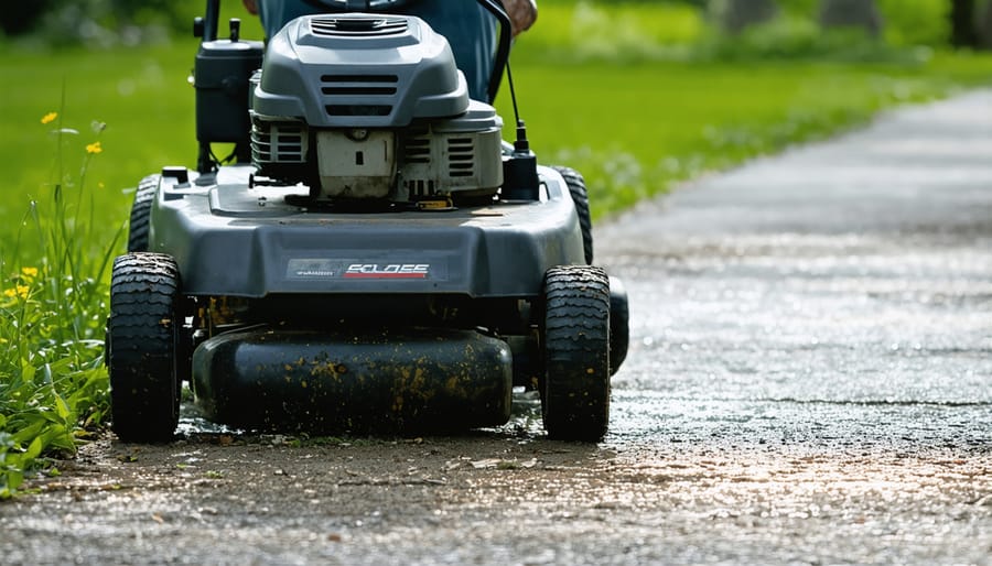 Close-up view of clean zero turn mower deck and sharp cutting blades
