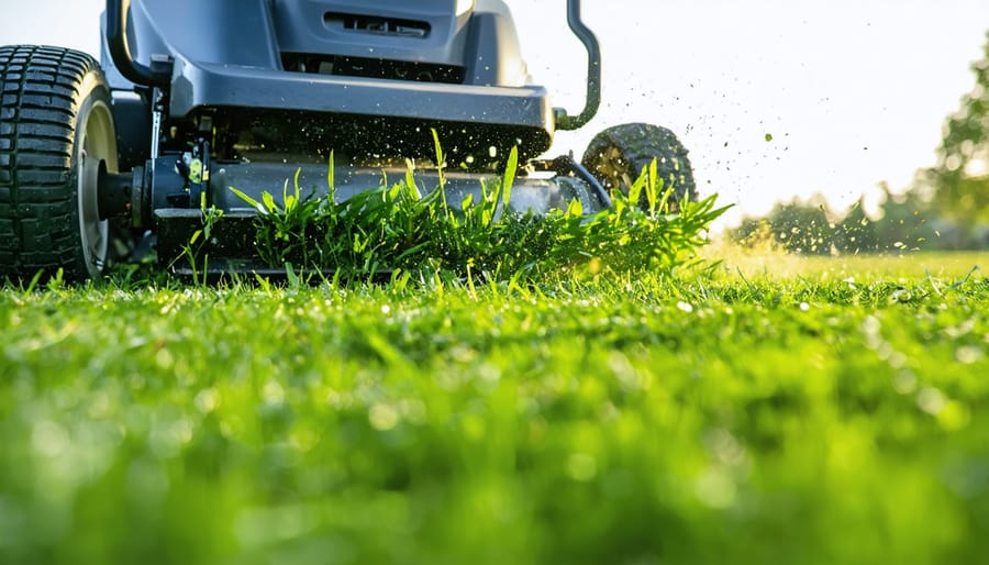 "Zero-turn mower efficiently cutting grass on a well-manicured green lawn, showcasing its maneuverability and precise performance."