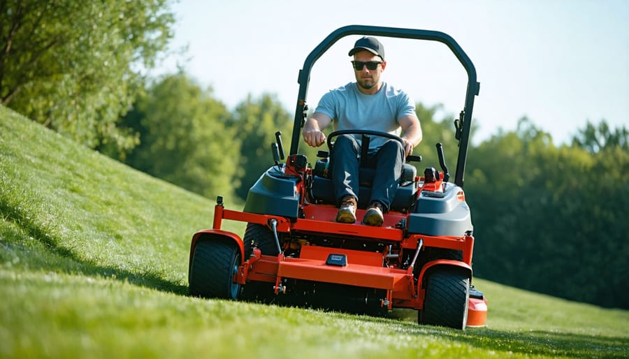 Zero turn mower safely mowing on hillside demonstrating proper slope technique
