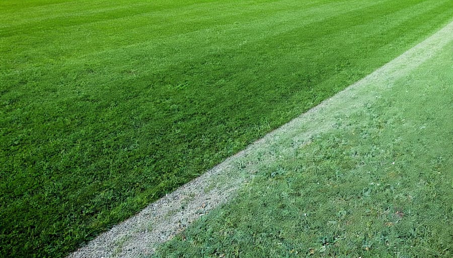Zero turn mower on beautifully striped residential lawn showing alternating light and dark patterns