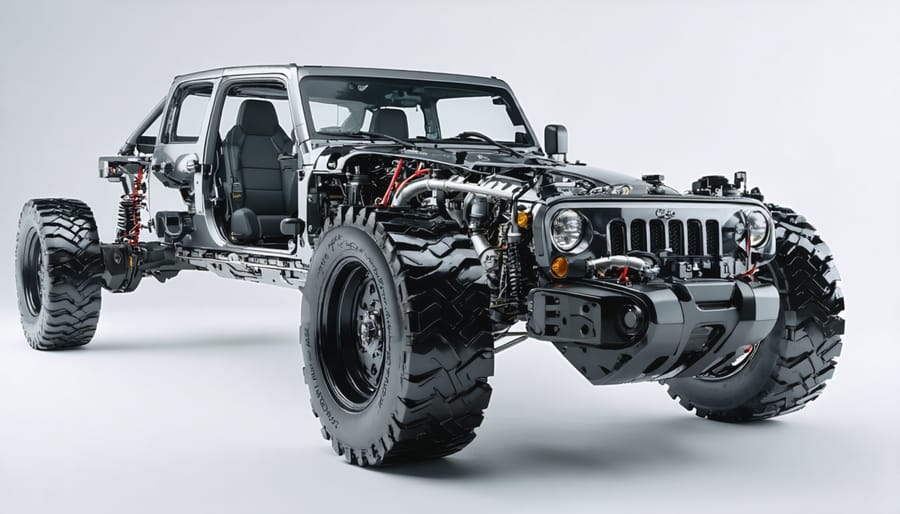 Close-up of 4WD lawn tractor drivetrain and wheel assembly showing power transfer components