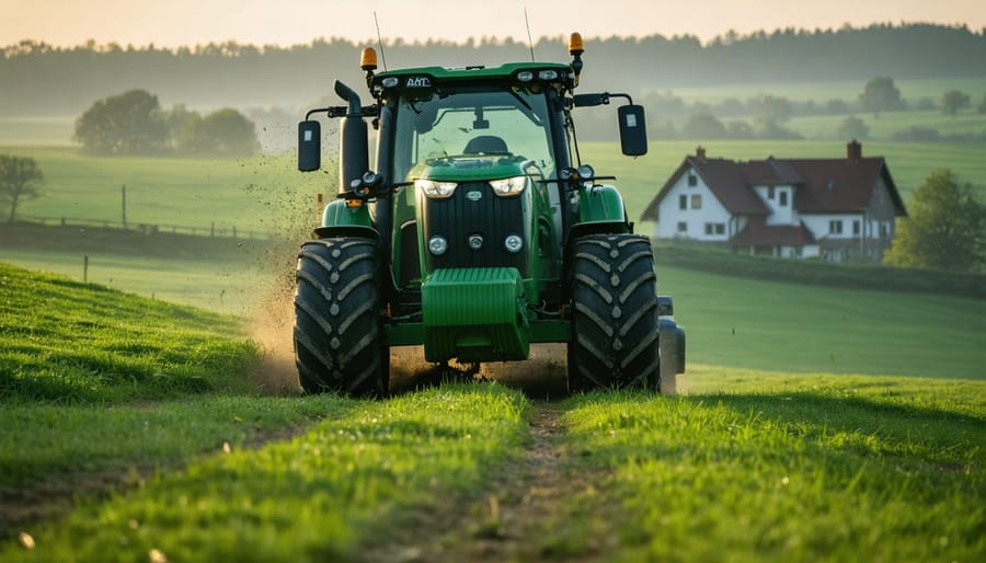 Low-angle photo of a modern 4WD lawn tractor climbing a wet grassy slope at golden hour, tires gripping the ground, with blurred farm fields, tree line, and a farmhouse in the background.