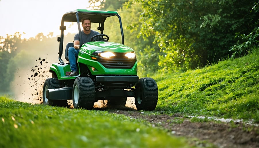 4WD riding mower climbing steep grassy hillside showing superior traction capability