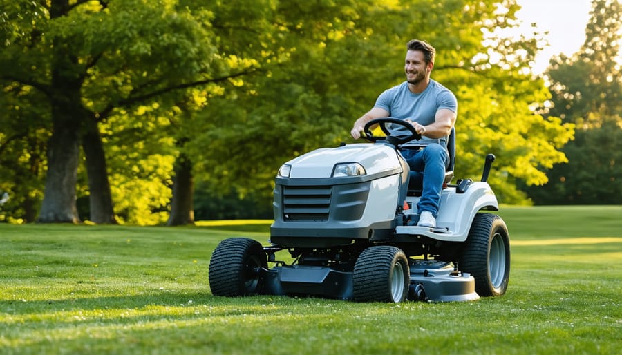 Operator's hands on 4WD riding mower controls showing ease of operation