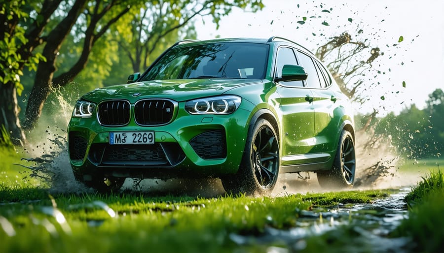 Close-up of 4WD mower tire gripping wet grass showing traction in damp conditions