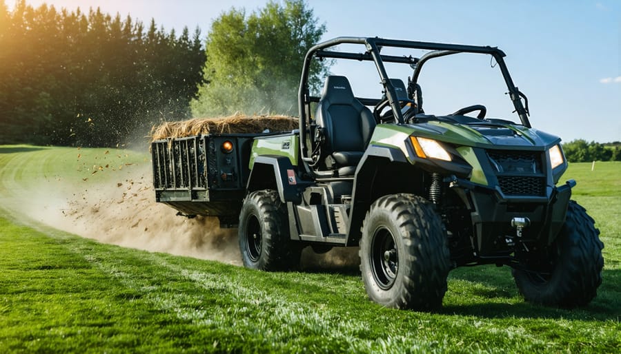 4WD lawn tractor pulling loaded cart across wet grass demonstrating hauling capability