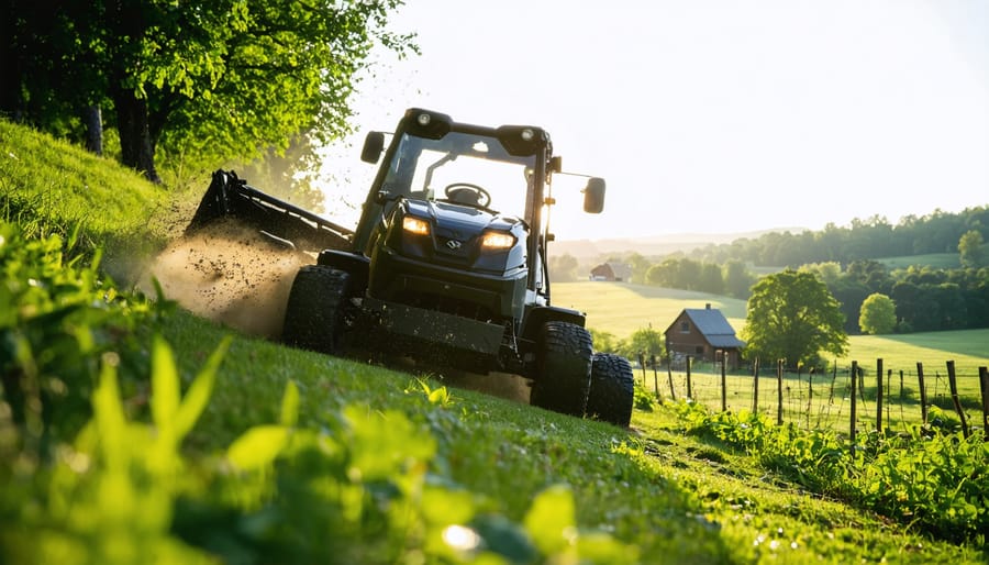 Four-wheel-drive riding mower ascending a steep, dewy grassy hillside with visible tire grip, photographed from a low angle at golden hour, with rolling hills and a tree line softly blurred in the background.