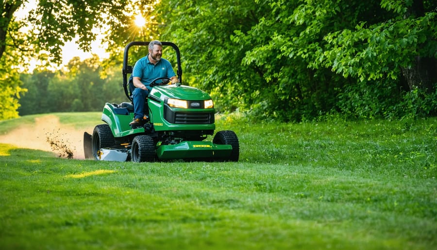 4WD lawn tractor climbing steep grassy hillside demonstrating superior traction capabilities