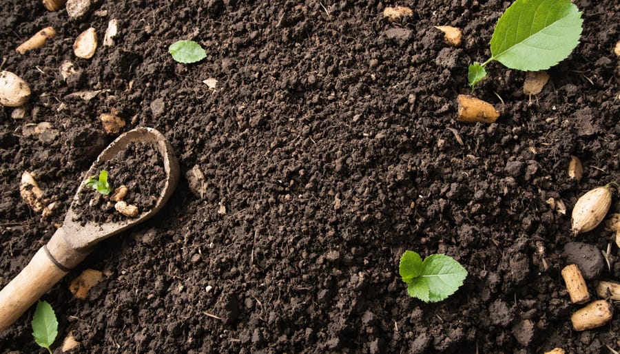 Wooden compost bin with dark finished compost being turned with garden fork