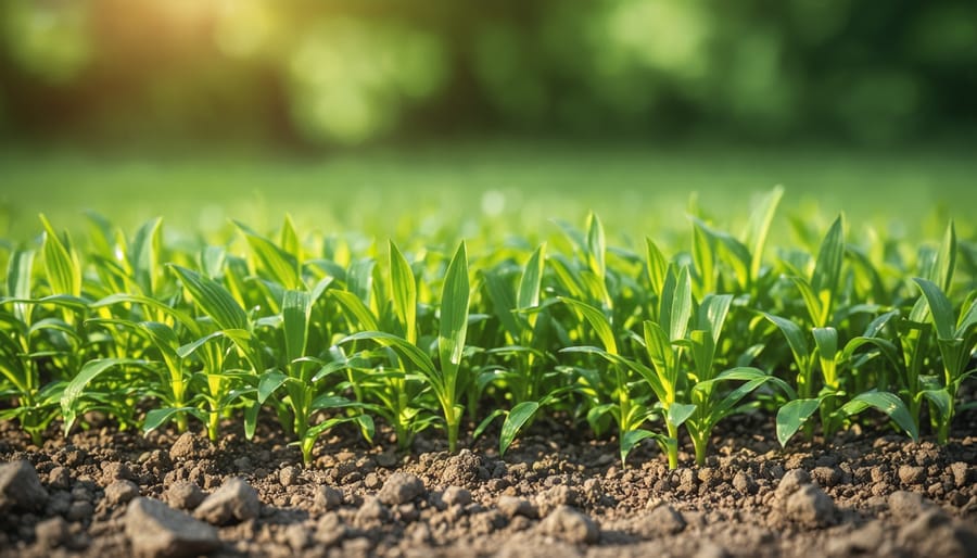Homeowner using broadcast spreader on aerated lawn with visible core plugs