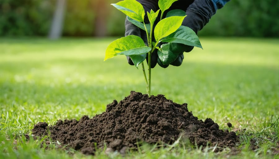 Person applying compost to lawn using broadcast spreader