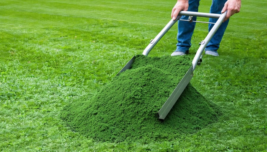 Gardener's hands spreading organic granular fertilizer over healthy green lawn