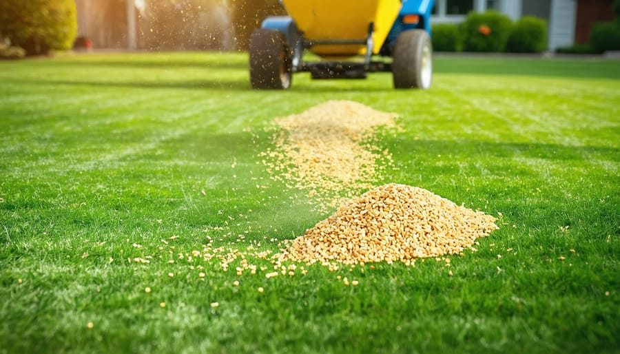 Ground-level close-up of a broadcast spreader scattering granular fertilizer across a freshly aerated lawn with visible soil plugs and grass seed, lit by warm golden hour light, with a blurred suburban house and autumn-colored trees in the background.