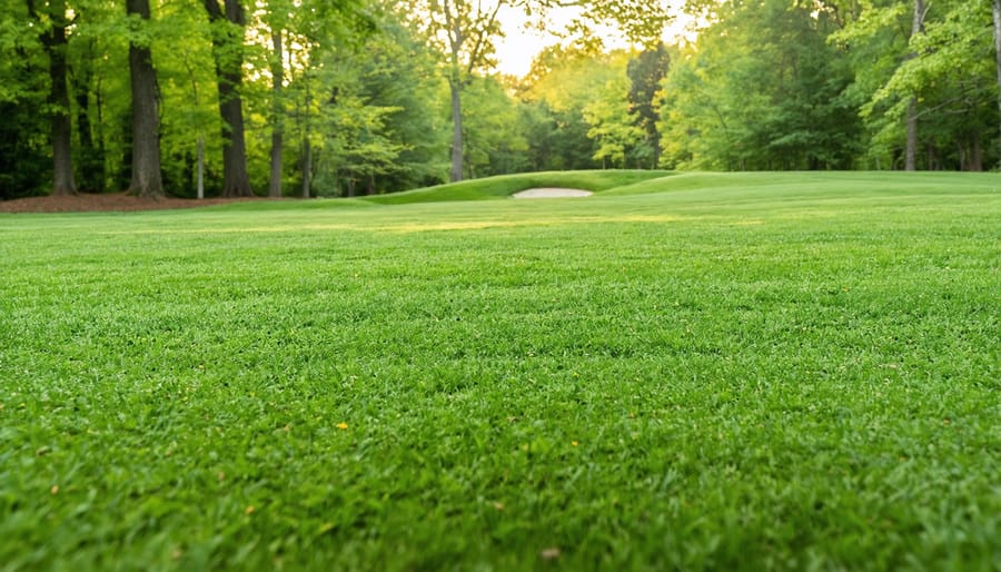 Homeowner spreading grass seed on autumn lawn with fallen leaves
