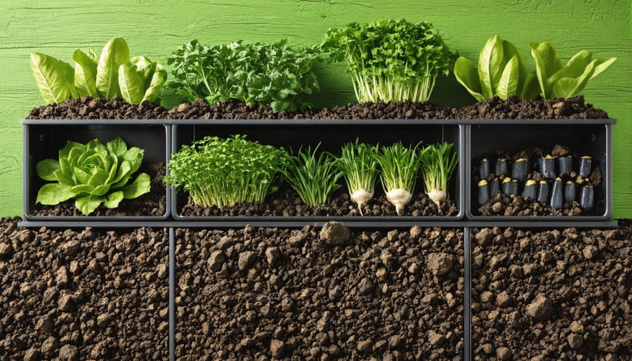 Aerial view of backyard showing compost bin, garden, and healthy lawn