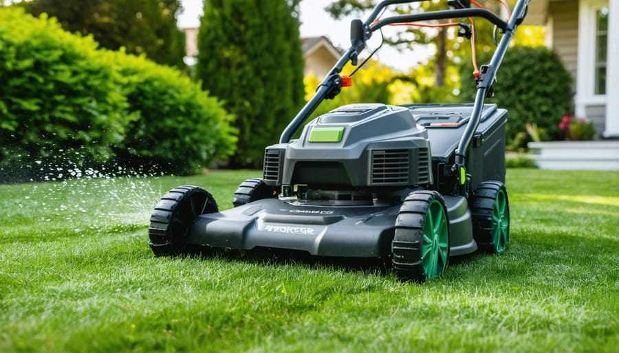Battery-powered lawn mower cutting through thick green grass showing cutting performance