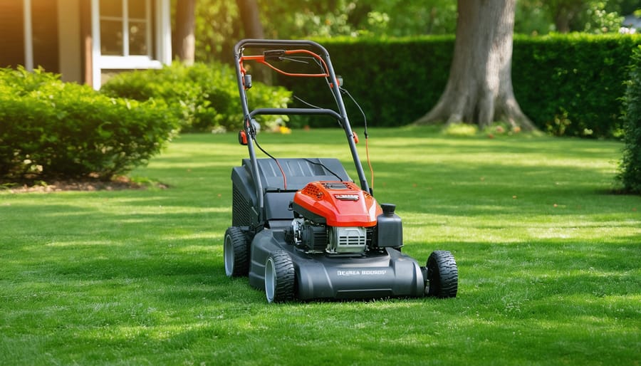 Overhead view of battery-powered lawn mower stored efficiently in organized residential garage