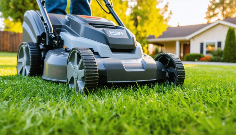 Close-up of a battery-powered walk-behind lawn mower cutting thick green grass in a suburban yard at golden hour, with house and trees softly blurred in the background.