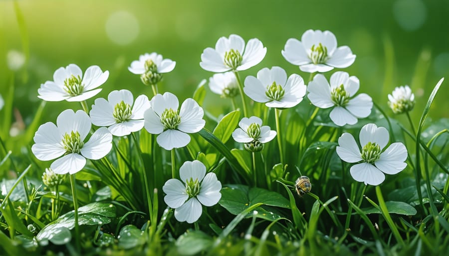 Honeybee gathering nectar from white clover flowers growing in green lawn