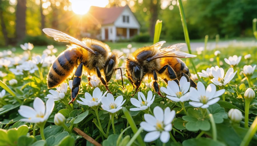 Ground-level close-up of a honeybee and bumblebee on white clover flowers in a green suburban lawn, with a softly blurred gas-powered mower and house in the background at golden hour.