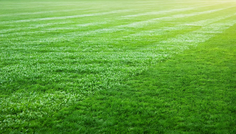 Broadcast spreader distributing grass seed over prepared soil bed in residential lawn