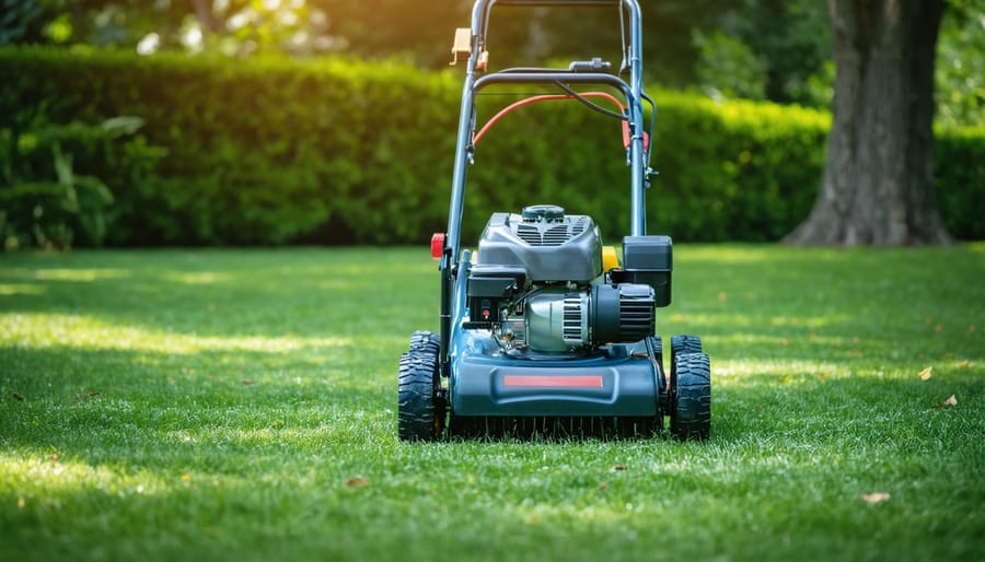 Person checking oil level on walk-behind lawn mower engine
