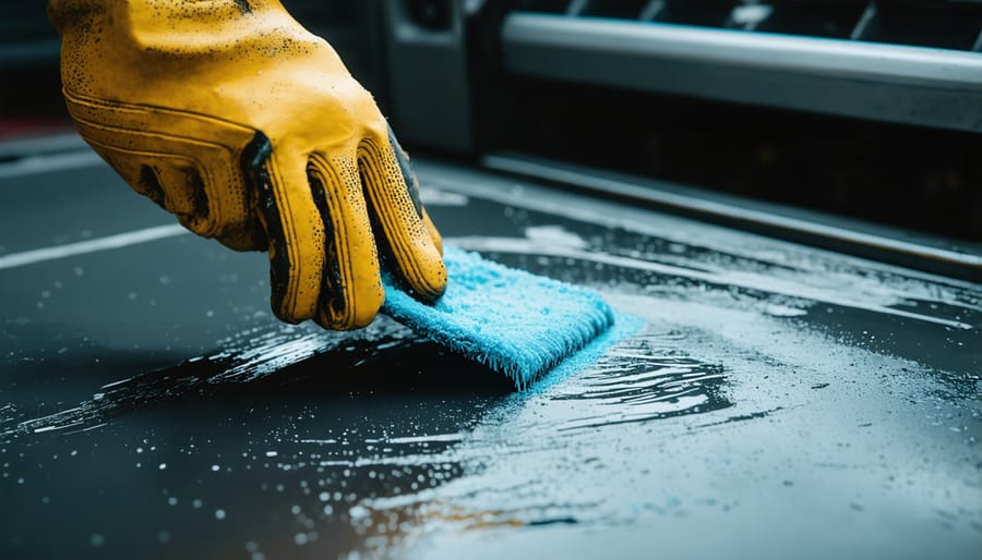 Wire brush cleaning corrosion from lawn mower battery terminal