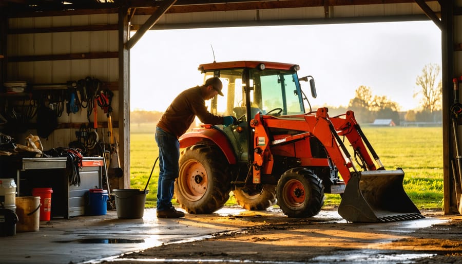 Compact tractor in a barn doorway being serviced, with a person greasing the front loader pivot while an oil pan and clean air filter sit nearby; warm side sunlight and a softly blurred workshop and pasture in the background.