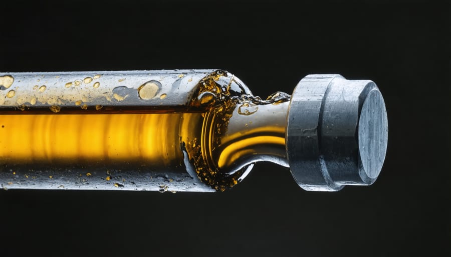 Close-up of contaminated gasoline with visible sediment in clear fuel line