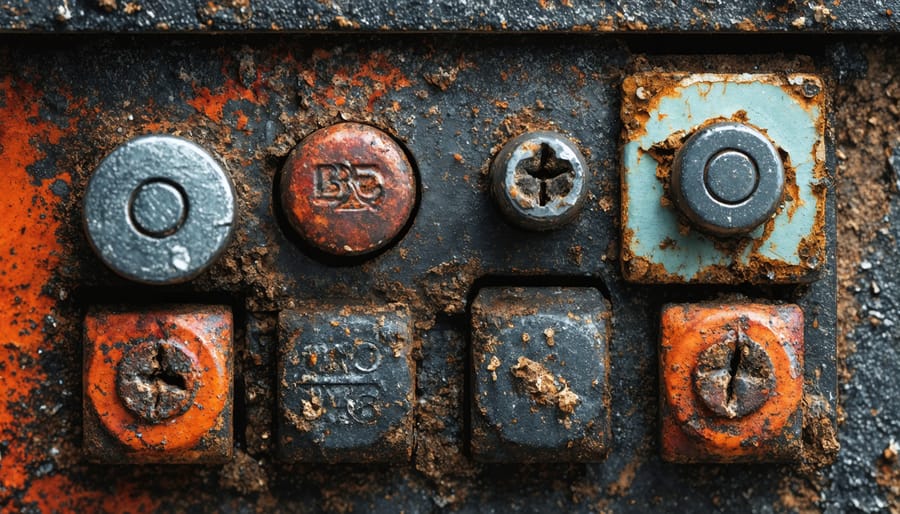 Close-up of corroded battery terminals with white and green buildup on metal connectors