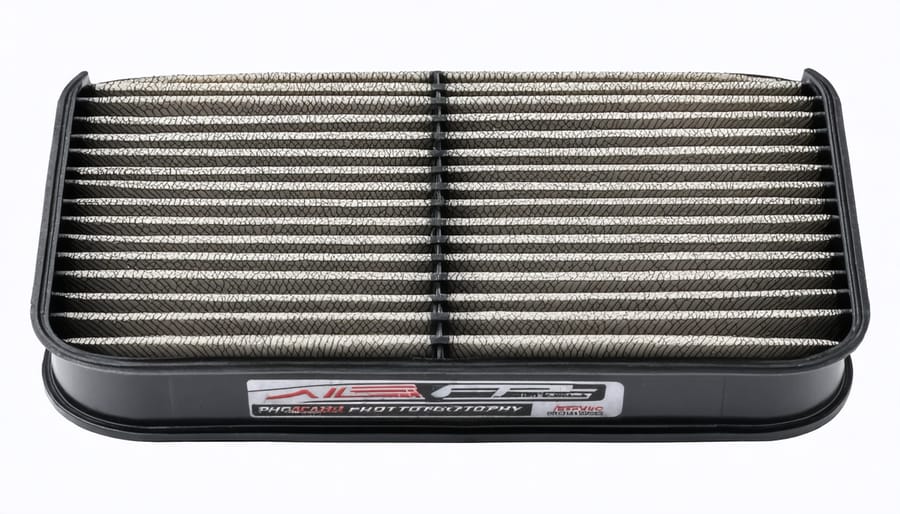 Hands removing dirty air filter covered in grass clippings from lawn mower engine