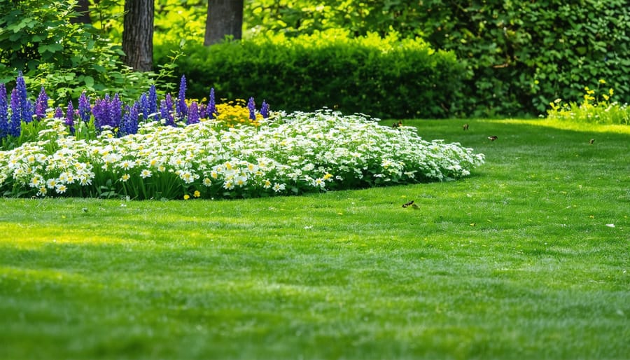 Overhead view of biodiverse lawn featuring mixed grasses with clover, thyme and flowering plants