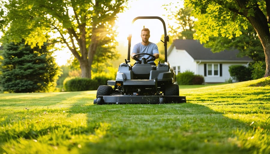 Rugged riding lawn mower with a fabricated deck cutting a lawn that transitions to a gentle hill, three-quarter front view at golden hour with blurred tree line and distant suburban house.