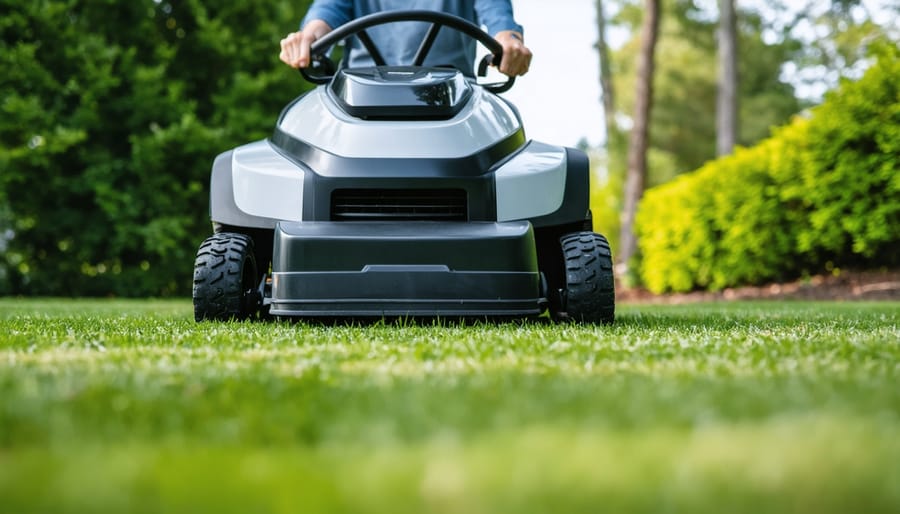 Modern electric riding lawn mower with battery pack on residential lawn